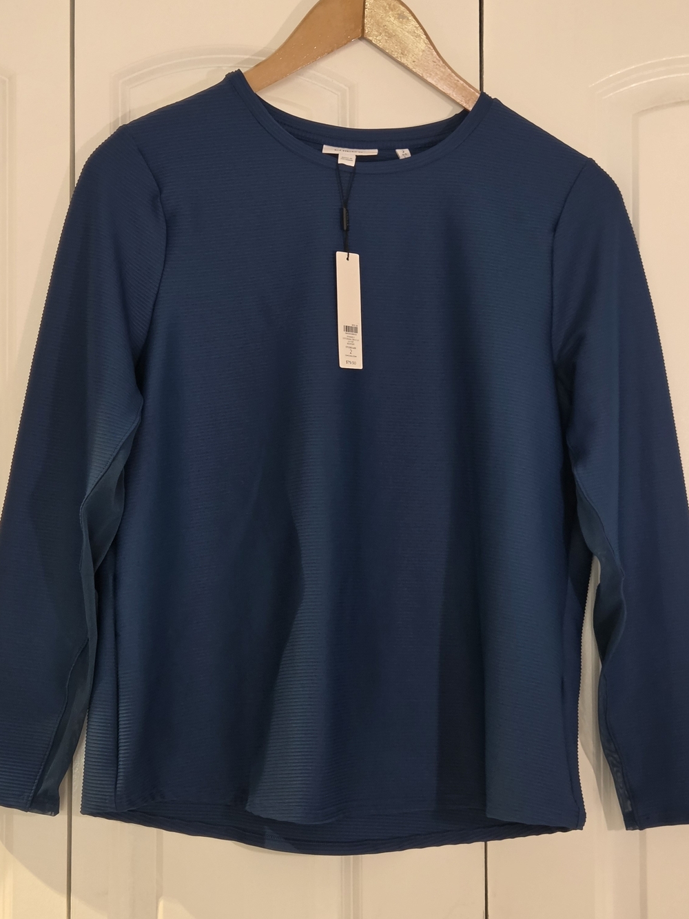 Chico's Womens 2/L Blue Zenergy UPF Crew Neck Mesh Inset Long Sleeve Top Seaport